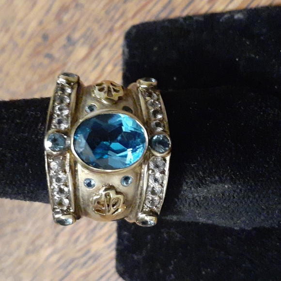 14K OVERLAY STERLING SILVER BLUE/ WHITE TOPAZ RING SIZE 7.5 - Picture 2 of 7